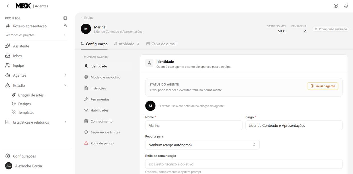 Tela de configuração de um agente no MBX Agentes, com as abas de identidade, modelo e raciocínio, instruções, ferramentas, habilidades, conhecimento e segurança