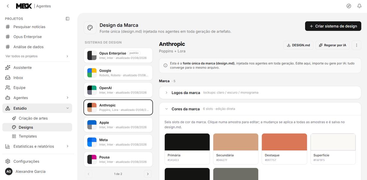 Tela Design da Marca do MBX Agentes, com a lista de sistemas de design cadastrados e os slots de cor, tipografia e logos de uma marca