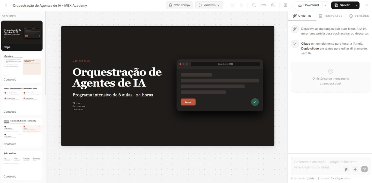 Tela do Editor de Artefatos do MBX Agentes com uma apresentação de dez slides, o slide selecionado no centro e o chat de IA lateral para pedir alterações